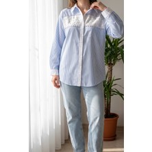 Morvarid Çizgili Kadın Gömlek Dantel ve Inci Işlemeli Taş Detaylı