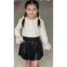 Gny Giyim Dantel Yakalı Gömlekli Deri Etekli Kız Çocuk Kombin Takım - Okul ve Doğum Günü Özel Gün Kıyafeti