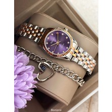 Ferrucci Ferucci Çelik Rose Gümüş Çelik Kordon Mor Kadran Kadın Kol Saati Bileklik Hediyeli