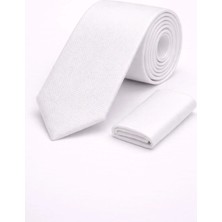 Beyaz Armürlü Desenli Kravat & Mendil Seti