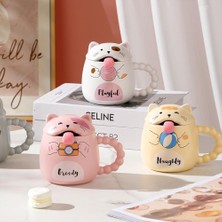 Hediyesahibi Özel Tasarım 3D Kedi Figürlü Kapaklı Kaşıklı Kupa Bardak