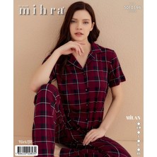 50101-96 Milan Düğmeli Bordo Kısa Kol Ekose Desenli Pijama Takım