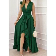 Cotton Lab Cottonlab Kadın Askılı Kruvaze Yakalı Önü Volanlı Uzun Krep Elbise