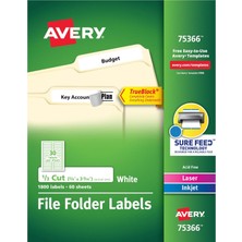 Avery Trueblock Dosya Klasörü Etiketleri, 2/3" x 3-7/16", 1800 Yazdırılabilir Etiket, Beyaz, Kalıcı