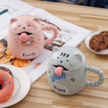 Keyfim Shop Özel Tasarım 3D Kedi Figürlü Kapaklı Kaşıklı Kupa Bardak