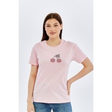 Trender Nakış Baskı O Yaka Kadın T-Shirt Kiraz Somon