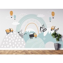 Lotus Aura Inşaat Araçları ve Dağ Temalı Duvar Posteri, Iskandinav Tarzı Çocuk Odası Duvar Kağıdı