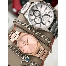 Ferrucci Sevgili,çift Kol Saatleri Gümüş Rose Renk  Bileklik Hediyeli