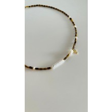 [ehm] Doğal Taş Kaplan Gözü,hematit & Barok Inci Kolye - 42 cm Paslanmaz Çelik Aparat Özel Tasarım