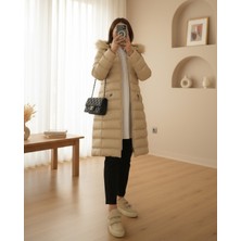 Moda Morfo Çıkma Kapşonlu Kürklü Şişme Kaban -Taş