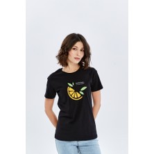 Trender O Yaka Relaxed Fit Kadın T-Shirt Limon Siyah