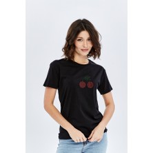 Trender Nakış Baskı O Yaka Kadın T-Shirt Kiraz Siyah