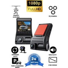 Azurtech 1080P Full Hd 3 Kameralı Hafıza Kartına Kayıtlı Hareket Algılamalı Araç Kamerası.