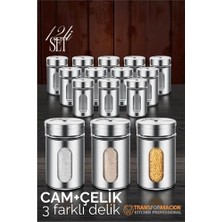 Pazarcan Cam+Çelik Tuzluk Biberlik Karabiberlik 3 Farklı Delikli 12 Li Set 721946