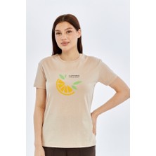Trender O Yaka Relaxed Fit Kadın T-Shirt Limon Taş