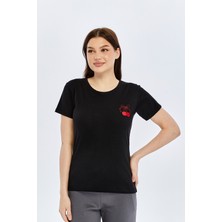 Trender O Yaka Relaxed Fit Kadın T-Shirt Kiraz Siyah