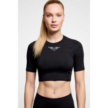 Flex Premium Gotik Model 5 Siyah Kısa Kol Compression Kadın Crop T-Shirt Spor Büstiyer Bluz Yoga Pilates