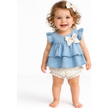 Tongs Baby Blue Blossom Kız Bebek Takım – Fırfırlı Denim Bluz & Çiçek Desenli Şort | %100 Pamuk Alt