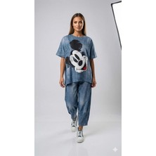 Roos Butik Mickey Mouse Baskılı Oversize Denim Görünümlü Alt-Üst Takım