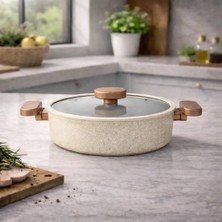 Lavonni Valeria 28 cm Granit Basık Tencere Silikon Kenarlı Cam Kapak - Cappucino Yapışmaz
