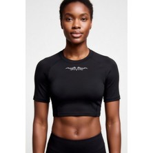 Flex Premium Gotik Model 2 Siyah Kısa Kol Compression Kadın Crop T-Shirt Spor Büstiyer Bluz Yoga Pilates