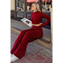 Swist Bordo Yarım Balıkçı Örgü Crop Kazak Pantolon Triko Alt-Üst Takım