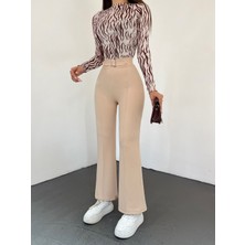 Moda Morfo Kemer Toka Detaylı Beli Lastikli Pantolon -Taş
