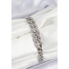 Youday Accessories Pirinç Zirkon Taşlı Küba Zincir Model Gümüş Renk Kadın Bileklik