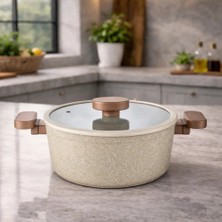 Lavonni Valeria 26 cm Granit Derin Tencere Silikon Kenarlı Cam Kapak - Cappucino