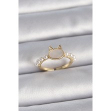Youday Accessories Pirinç Gold Renk Ayarlanabilir Beyaz Mineli Kedi Model Inci Detay Kadın Yüzük