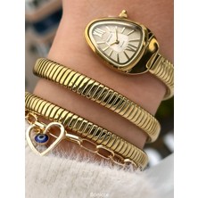 Ferrucci Sarı Renk Çelik Kordon ,Yılan Model Yeni  Kadın Kol Saati+Bileklik