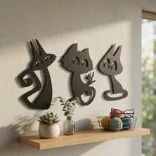 Ronanna 3’lü Dekoratif Kedi Duvar Tablosu Mdf Lazer Kesim Modern Duvar Süsü Minimal Kedi Figürlü Dekor