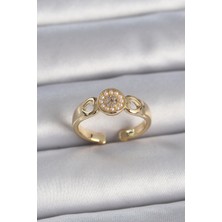 Youday Accessories Pirinç Gold Renk Zirkon Taşlı Incili Kalp Işleme Detay Ayarlanabilir Kadın Yüzük
