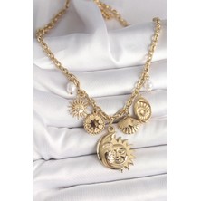 Youday Accessories 316L Çelik Gold Renk Ay Güneş Figür Deniz Kabuğu Detay Kadın Kolye