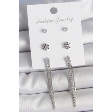 Youday Accessories Pirinç Gold Renk Zirkon Taşlı Sallantılı Çiçek Detay 3 Çfit Kadın Küpe Seti