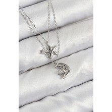 Youday Accessories Pirinç Zirkon Taşlı Yıldız ve Ay Model Gümüş Renk Kadın Kolye