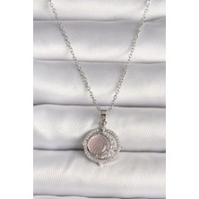 Youday Accessories 316L Çelik Gümüş Renk Zirkon Taşlı Pembe Sedefli Hilal Model Kadın Kolye