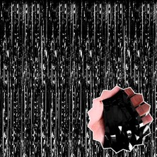 Nemere Siyah Renk Ekstra Metalize Parlak Saçaklı Arka Fon Perde Ithal 1x2 Metre