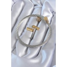 Youday Accessories 316L Çelik Gümüş Renk Gold Detay Sarmal Model Erkek Bileklik Yüzük Kombini