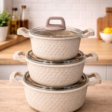 Lavonni Obsıdyen 6 Parça Döküm Granit Tencere Seti - Cappucıno 16/18/20 cm