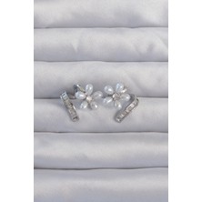 Youday Accessories Pirinç Gümüş Renk Zirkon Taşlı Kıvrımlı Inci Çiçek Küpe