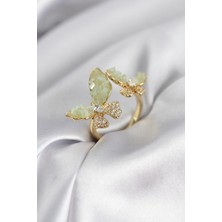 Youday Accessories Gold Renk Su Yeşili Kelebek Model Zirkon Taşlı Kadın Yüzük