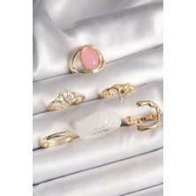 Youday Accessories Pirinç Gold Renk Zirkon Taş Detaylı Pembe Mineli 6'LI Kadın Yüzük Seti