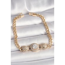 Youday Accessories Pirinç Gold Renk Zirkon Taşlı Leopar Figür Zincir Model Kadın Bileklik