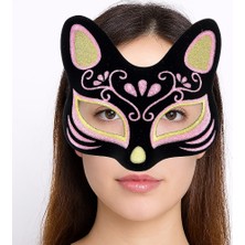 Colezium Siyah Renk Süet Kaplama Üzeri Sarı Pembe Simli Kedi Maskesi 17X14 cm