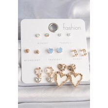 Youday Accessories Pirinç Gold Renk Zirkon Taşlı Sallantı Beyaz Sedefli Kalp Model 7 Çift Kadın Küpe Seti