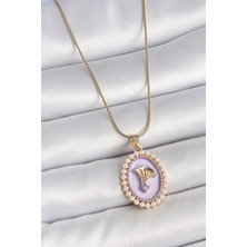 Youday Accessories 316L Çelik Gold Renk Zincir Mor Mineli Incili Zirkon Taşlı Çiçek Işlemeli Portre Model Kadın Kolye