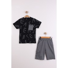 Joy Kids Erkek Çocuk Harf Dağılımlı Kargo Cepli Trend Takım (7-10YAŞ) (Siyah-Gri)