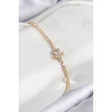Youday Accessories Pirinç Zirkon Taşlı Çiçek Model Gold Renk Kadın Bileklik