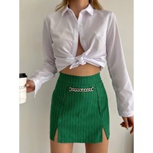 Zincir Detaylı Çizgili Şort Etek